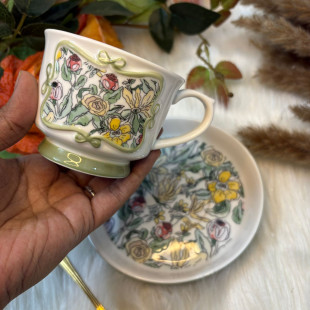Antique Relief Ceramic Cup & Saucer – Souvenir Gift Box Set