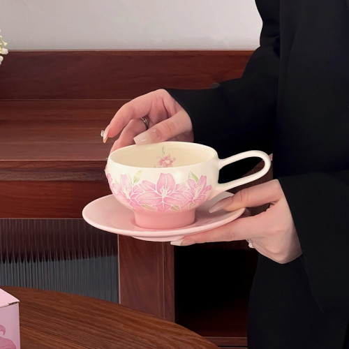 Embossed Lily Flower Ceramic Coffee Cup & Saucer