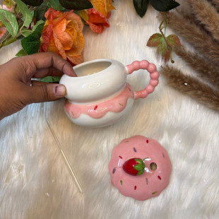 Hand-Painted Strawberry Design Mug with Lid & Straw