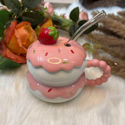 Hand-Painted Strawberry Design Mug with Lid & Straw
