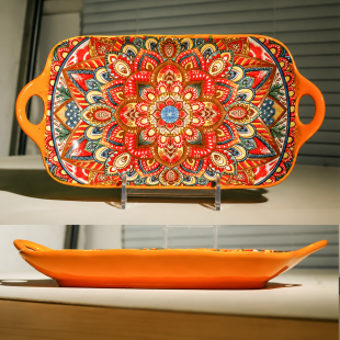 Bohemian Dual-Handle Ceramic Rectangular 12 Inch - Orange