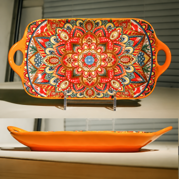 Bohemian Dual-Handle Ceramic Rectangular 12 Inch - Orange