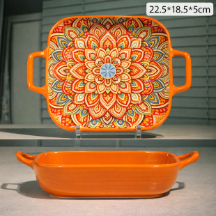 Bohemian Dual-Handle Ceramic Square Bowl - Orange