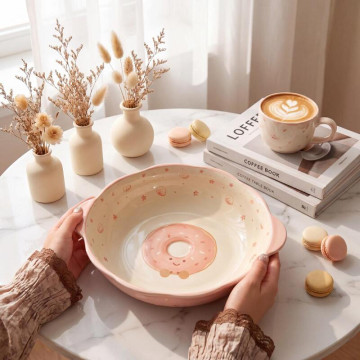 Donut Print Double-Ear Ceramic Soup Bowl – 10 Inch