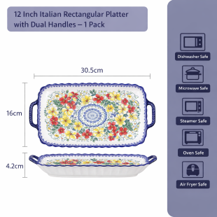 Dutch Floral Dual-Handle Rectangular Ceramic Bowl – 12 inch