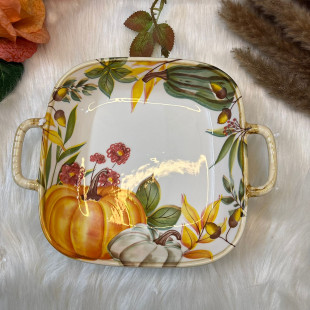 Nordic Pumpkin Ceramic Dual-Handle Square Bowl / Dish
