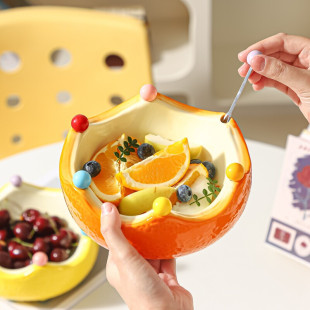 Orange Ceramic Fruit Fork Bowl + 6 Stainless Steel Forks