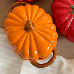 Oval Pumpkin Ceramic Handled Soup Bowl with Lid - Orange - 8 Inch