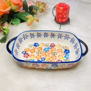 Colorful Flower Shadow Ceramic Binaural Rectangular Baking Bowl