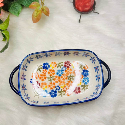Colorful Flower Shadow Ceramic Binaural Rectangular Baking Bowl