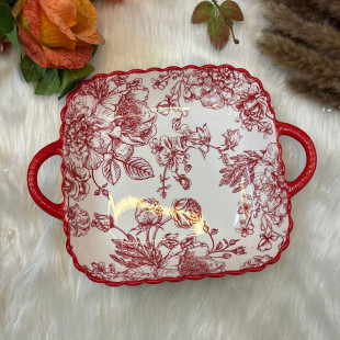 Rose Queen Ceramic Dual-Handle Square Bowl