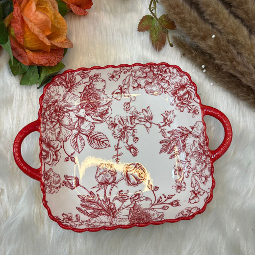 Rose Queen Ceramic Dual-Handle Square Bowl