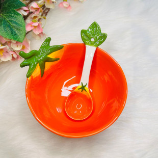 Tomato-Shaped Ceramic Bowl & Spoon Set 
