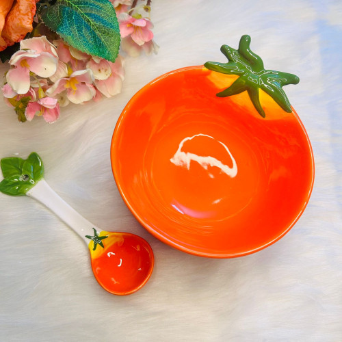 Tomato-Shaped Ceramic Bowl & Spoon Set 