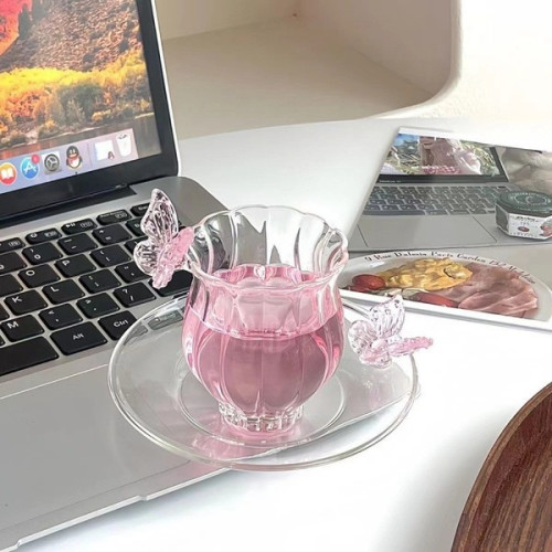 Butterfly Glass Coffee & Tea Cup + Saucer 