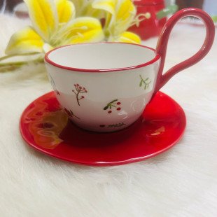 Elegant Red Floral Ceramic Coffee Cup & Saucer with Gift Box