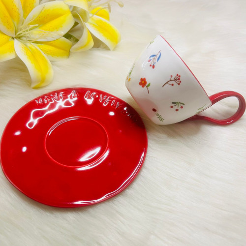 Elegant Red Floral Ceramic Coffee Cup & Saucer with Gift Box