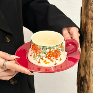 Festive Red Firecracker Ceramic Coffee Cup and Saucer Gift Set
