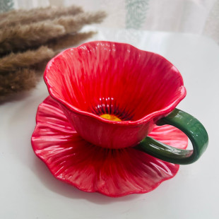 Flower Shaped Coffee Cup & Saucer - Red