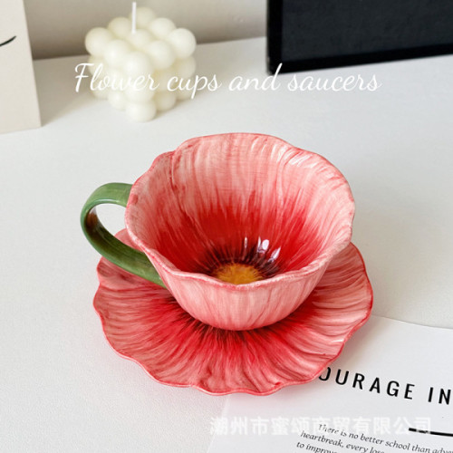 Flower Shaped Coffee Cup & Saucer - Red