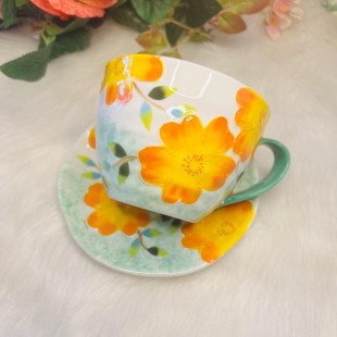 Girly Heart Ceramic Underglaze Breakfast Cup & Saucer - Green Velvet