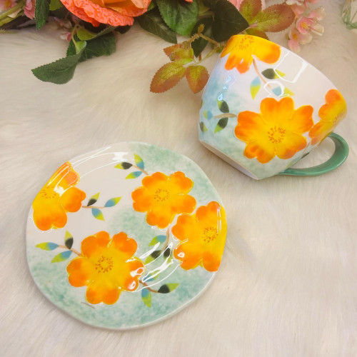 Girly Heart Ceramic Underglaze Breakfast Cup & Saucer - Green Velvet