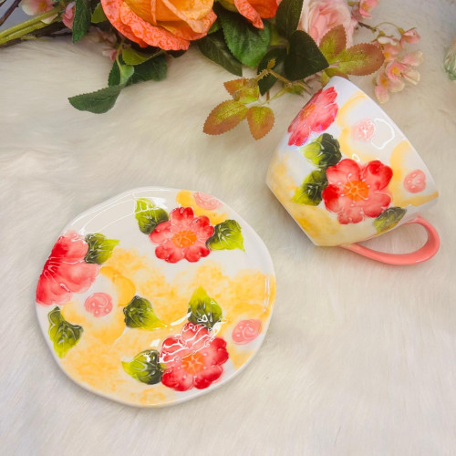 Girly Heart Ceramic Underglaze Breakfast Cup & Saucer - Pink Makeup