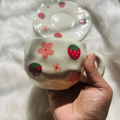 Japanese Style Strawberry and Flower Printed Ceramic Cup & Saucer