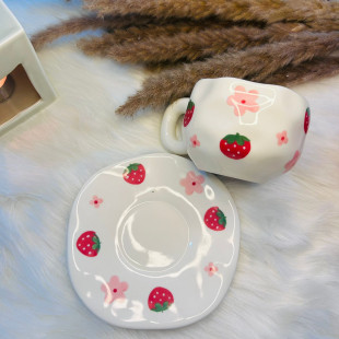 Japanese Style Strawberry and Flower Printed Ceramic Cup & Saucer