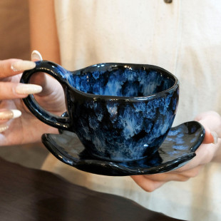 Retro Kiln-Turned Ceramic Coffee Cup & Saucer - Blue