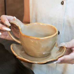 Retro Kiln-Turned Ceramic Coffee Cup & Saucer - Brown