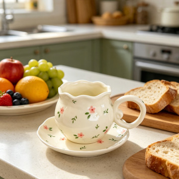 Korean-Style Handcrafted Ceramic Coffee Cup and Saucer