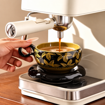 Lily Curved Edge Ceramic Coffee Cup and Saucer – (Green Cup + Black Saucer)