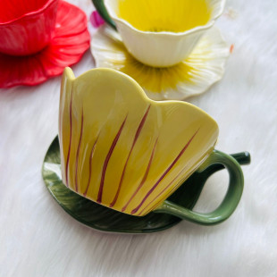 Tulip Flower Ceramic Coffee Cup and Saucer - Yellow