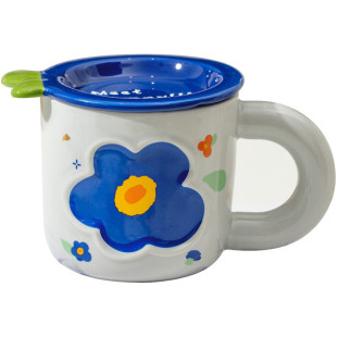 Creative Danish Flower Ceramic Mug with Lid - Blue
