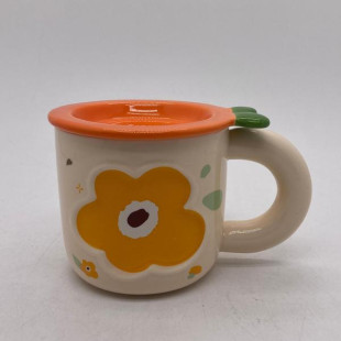 Creative Danish Flower Ceramic Mug with Lid - Orange