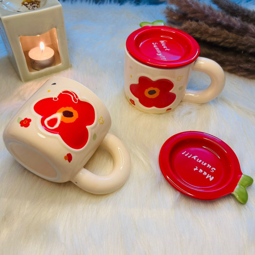 Creative Danish Flower Ceramic Mug with Lid - Red