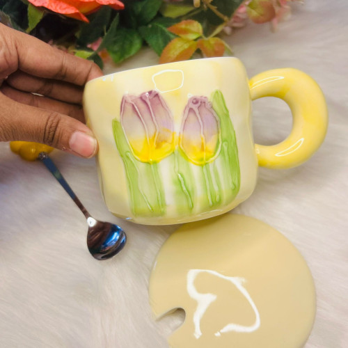 Fresh Tulip-Yellow Ceramic Ins Style Mug with Lid & Spoon