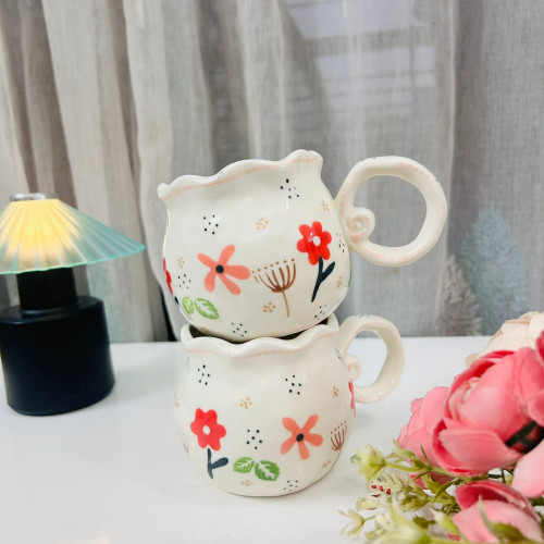 Ins-Style Heart-Shaped Floral Ceramic Mug – 380ml