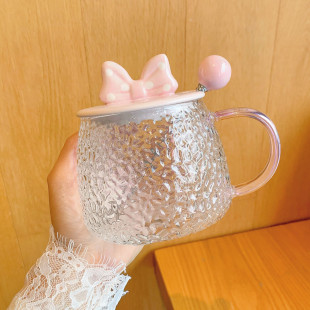 Pink Bowknot Glass Mug – With Lid & Spoon