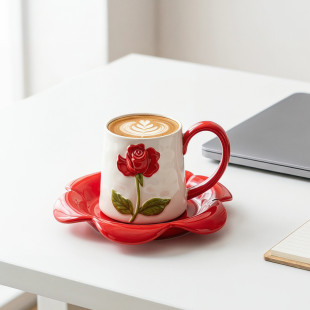 Rose Motif Ceramic Coffee Mug and Saucer
