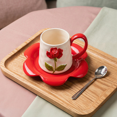 Rose Motif Ceramic Coffee Mug and Saucer