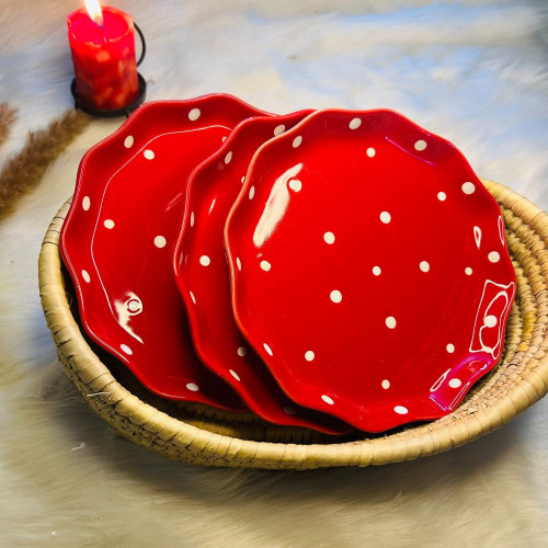 Wave Shaped Ceramic Deep Plate - Red with White Dot